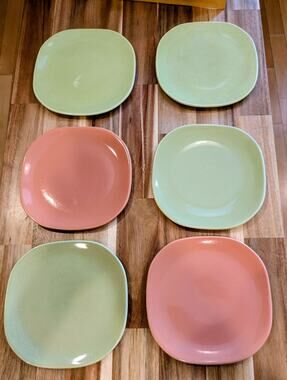 Vintage  Pastel Square Salad Plates Set of 6 -7” Pink & Sage Green Retro Ceramic